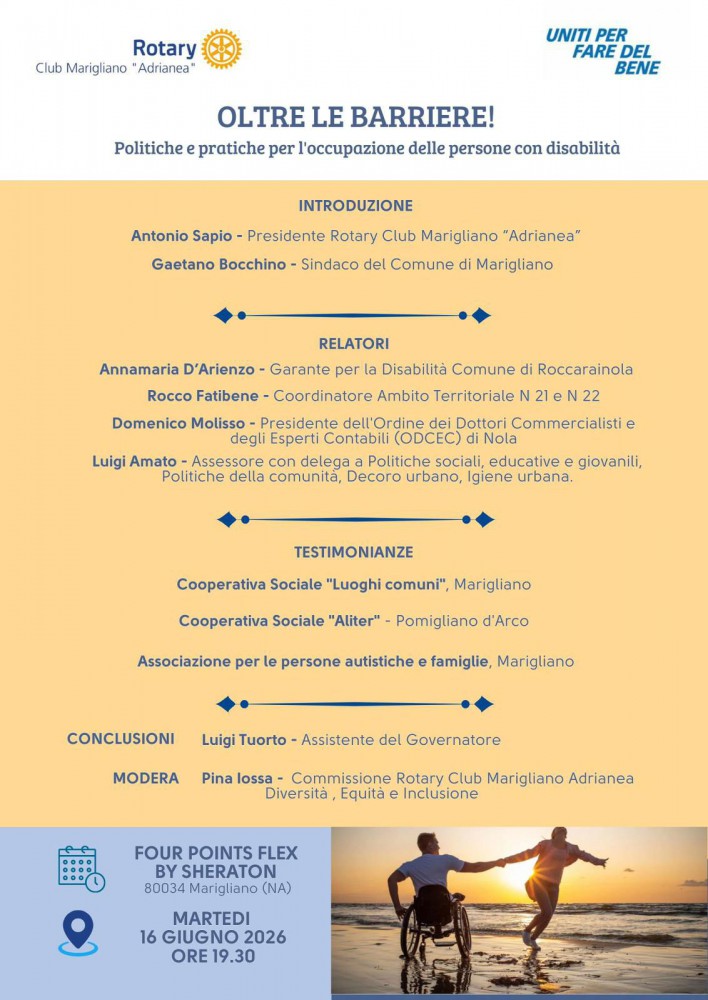 “Oltre le barriere”: il Rotary Club Marigliano Adrianea apre il confronto su lavoro e disabilità