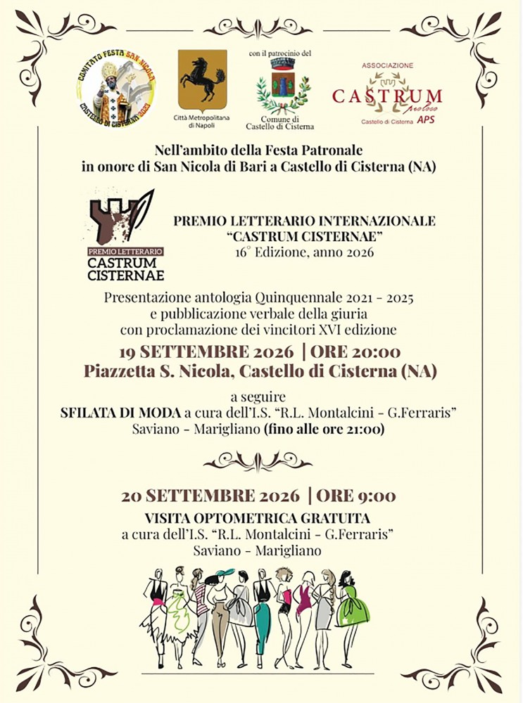 Castello di Cisterna in festa tra Fede, Cultura e Moda: torna il Premio Letterario Internazionale "Castrum Cisternae"