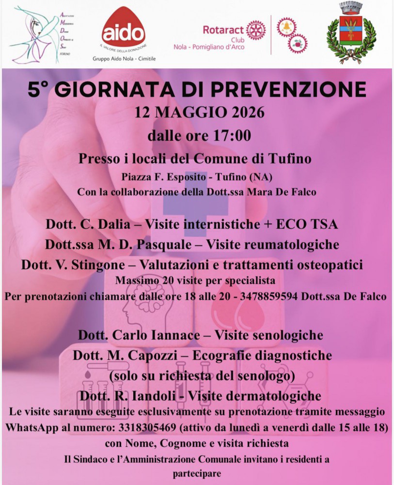 Tufino si prende cura: il 12 maggio la quinta giornata di Prevenzione