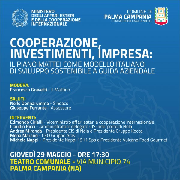 Impresa e investimenti attraverso la cooperazione: a Palma Campania un convegno tematico dedicato al Piano Mattei