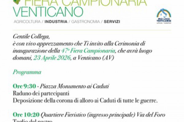 47ª FIERA CAMPIONARIA DI VENTICANO: La vetrina interregionale di agricoltura, enogastronomia e servizi torna dal 23 al 26 aprile