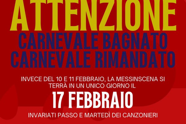 CARNEVALE DI PALMA CAMPANIA: LA MESSINSCENA POSTICIPATA A SABATO 17 FEBBRAIO A CAUSA DEL MALTEMPO