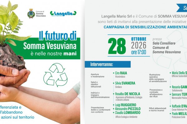 A Somma Vesuviana la presentazione della campagna di sensibilizzazione ambientale «Il futuro di Somma Vesuviana è nelle nostre mani»