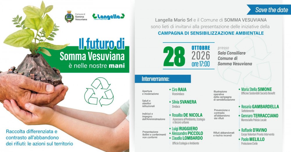 A Somma Vesuviana la presentazione della campagna di sensibilizzazione ambientale «Il futuro di Somma Vesuviana è nelle nostre mani»