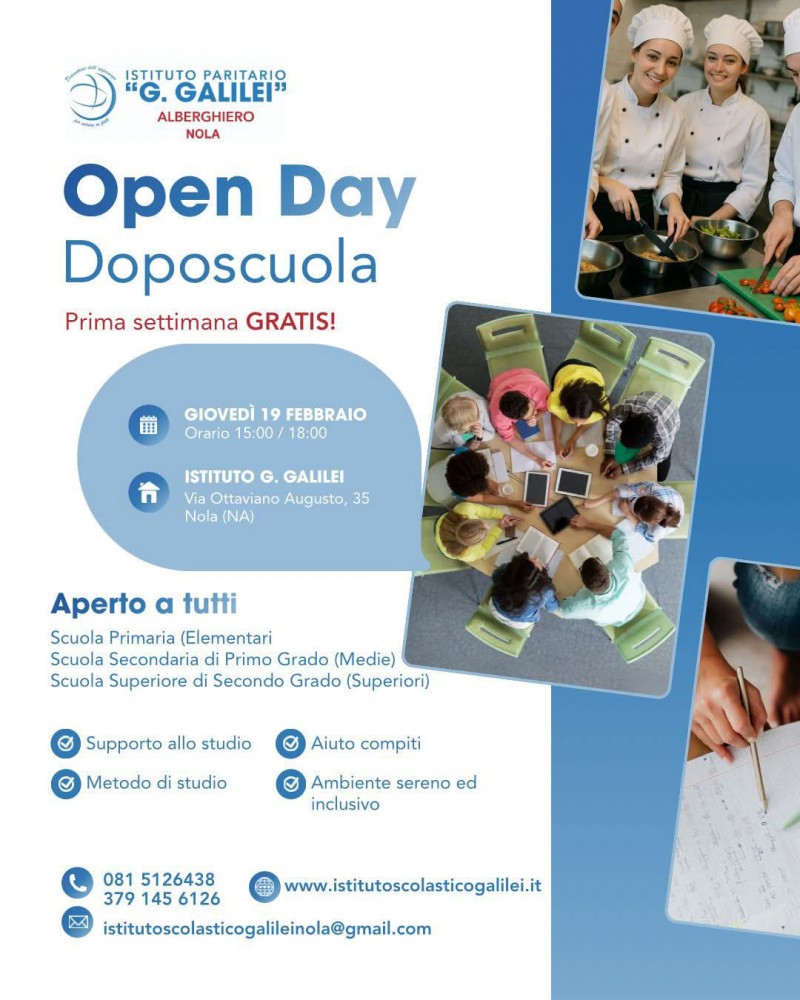 Nola, Open Day al Doposcuola Galilei: porte aperte giovedì 19 febbraio
